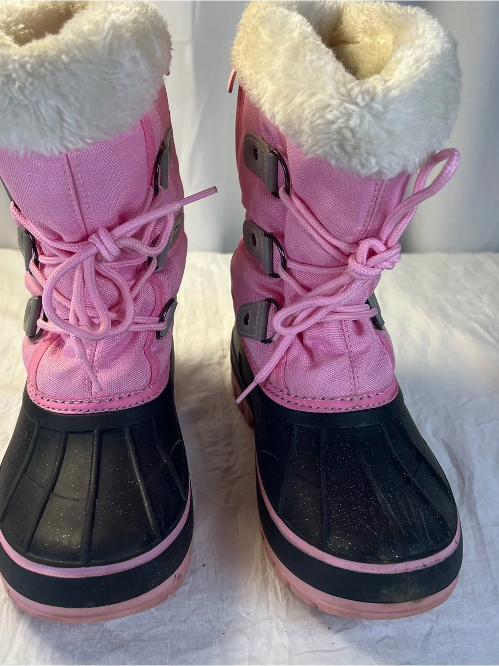 Dream Pairs Girls sz4 Pink&Black Winter Snow Boots Faux Fur Trim Glitter Zip&Tie